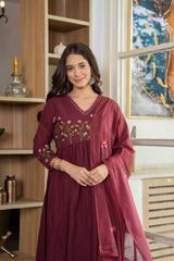 Wine Elegance Embroidered Cotton Anarkali Set