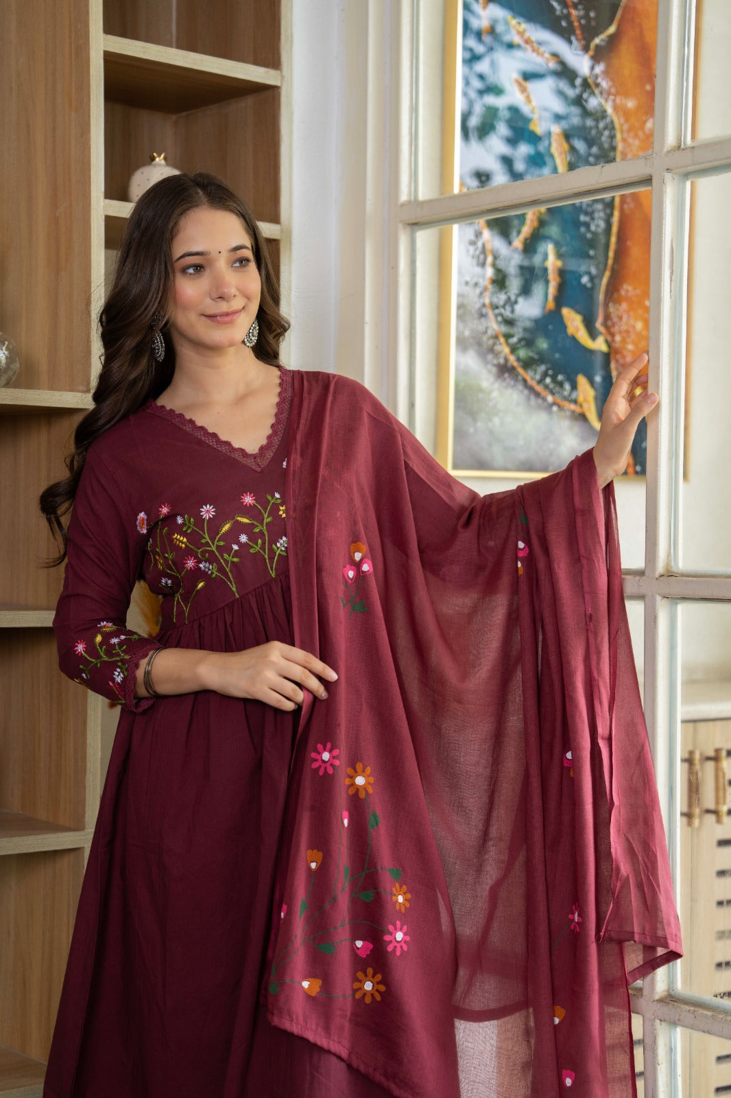 Wine Elegance Embroidered Cotton Anarkali Set