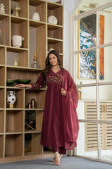 Wine Elegance Embroidered Cotton Anarkali Set