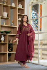 Wine Elegance Embroidered Cotton Anarkali Set