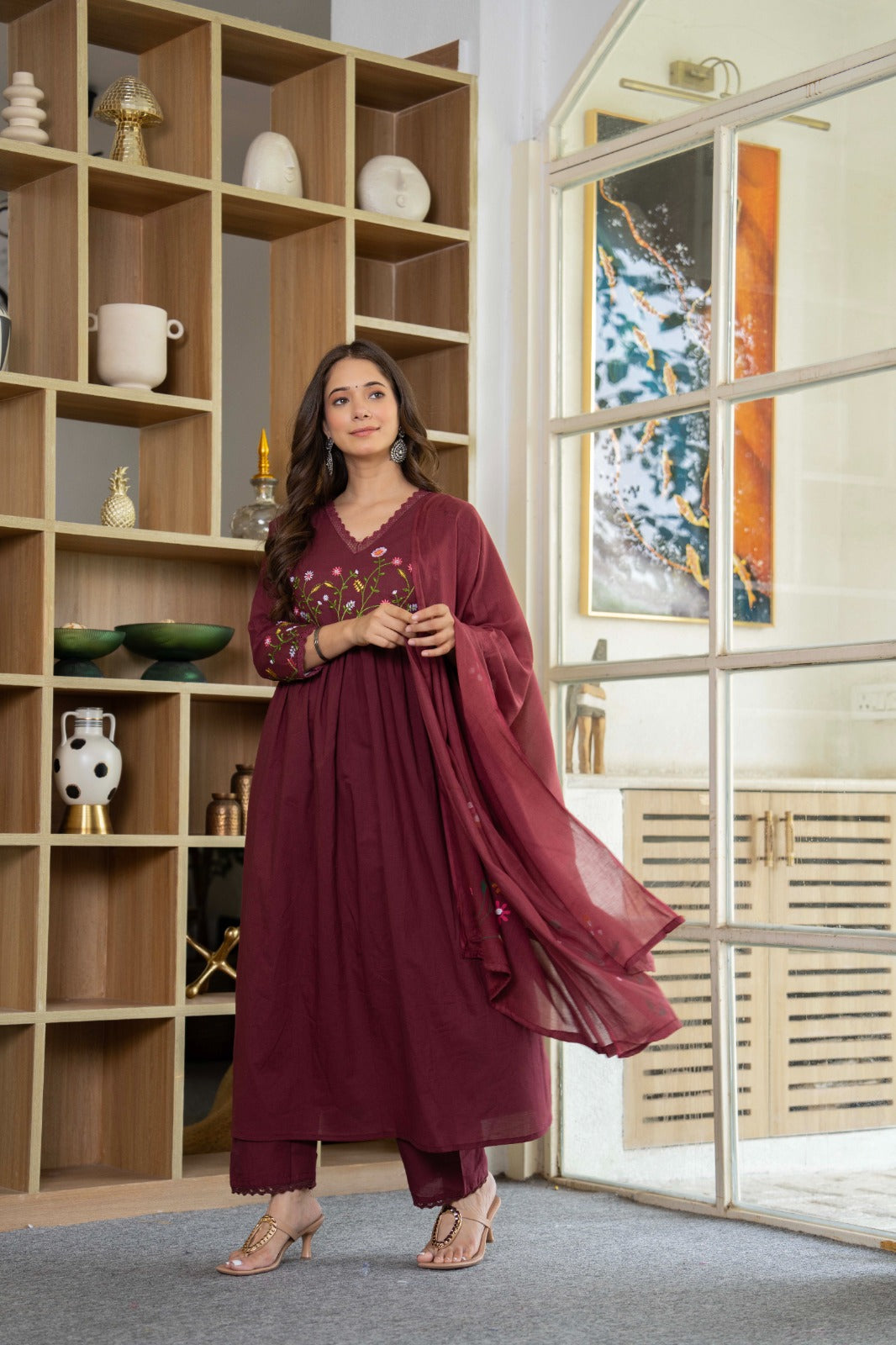 Wine Elegance Embroidered Cotton Anarkali Set