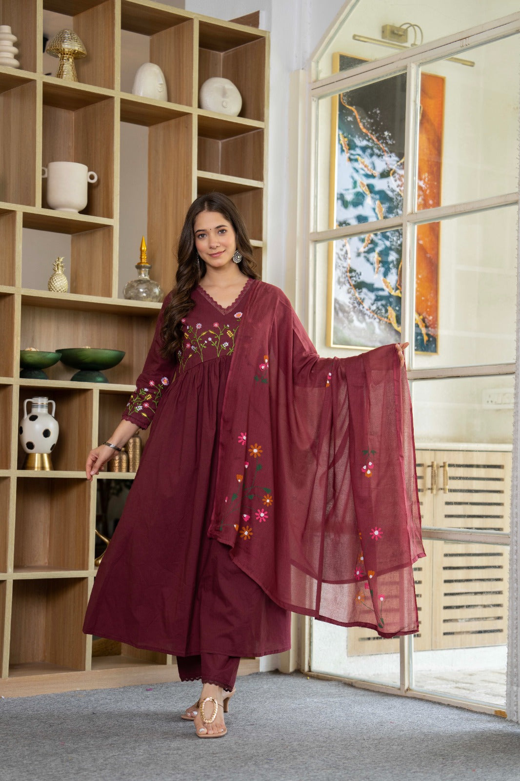 Wine Elegance Embroidered Cotton Anarkali Set