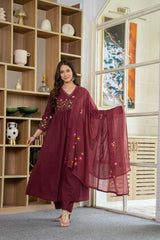 Wine Elegance Embroidered Cotton Anarkali Set
