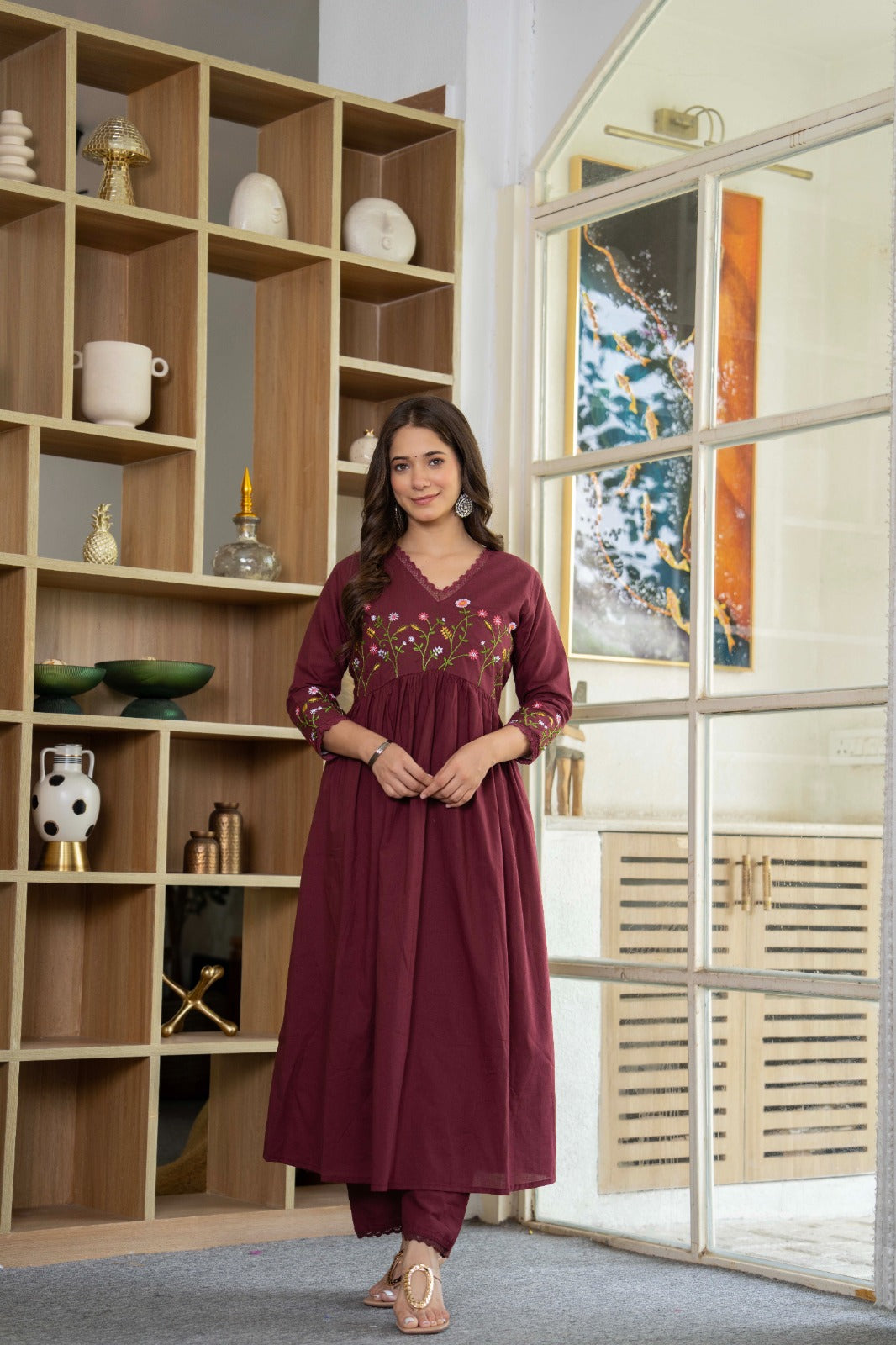 Wine Elegance Embroidered Cotton Anarkali Set