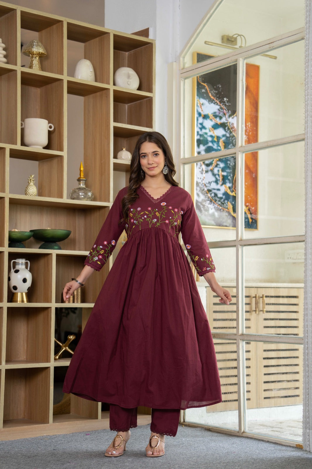 Wine Elegance Embroidered Cotton Anarkali Set