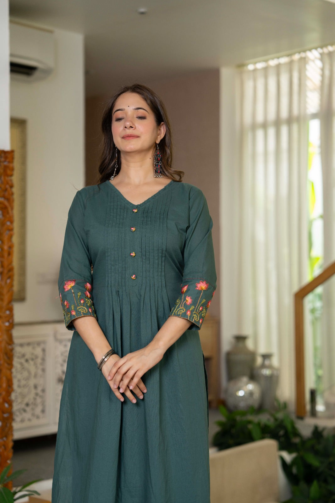 Olive Green Cotton Embroidery Kurta Set