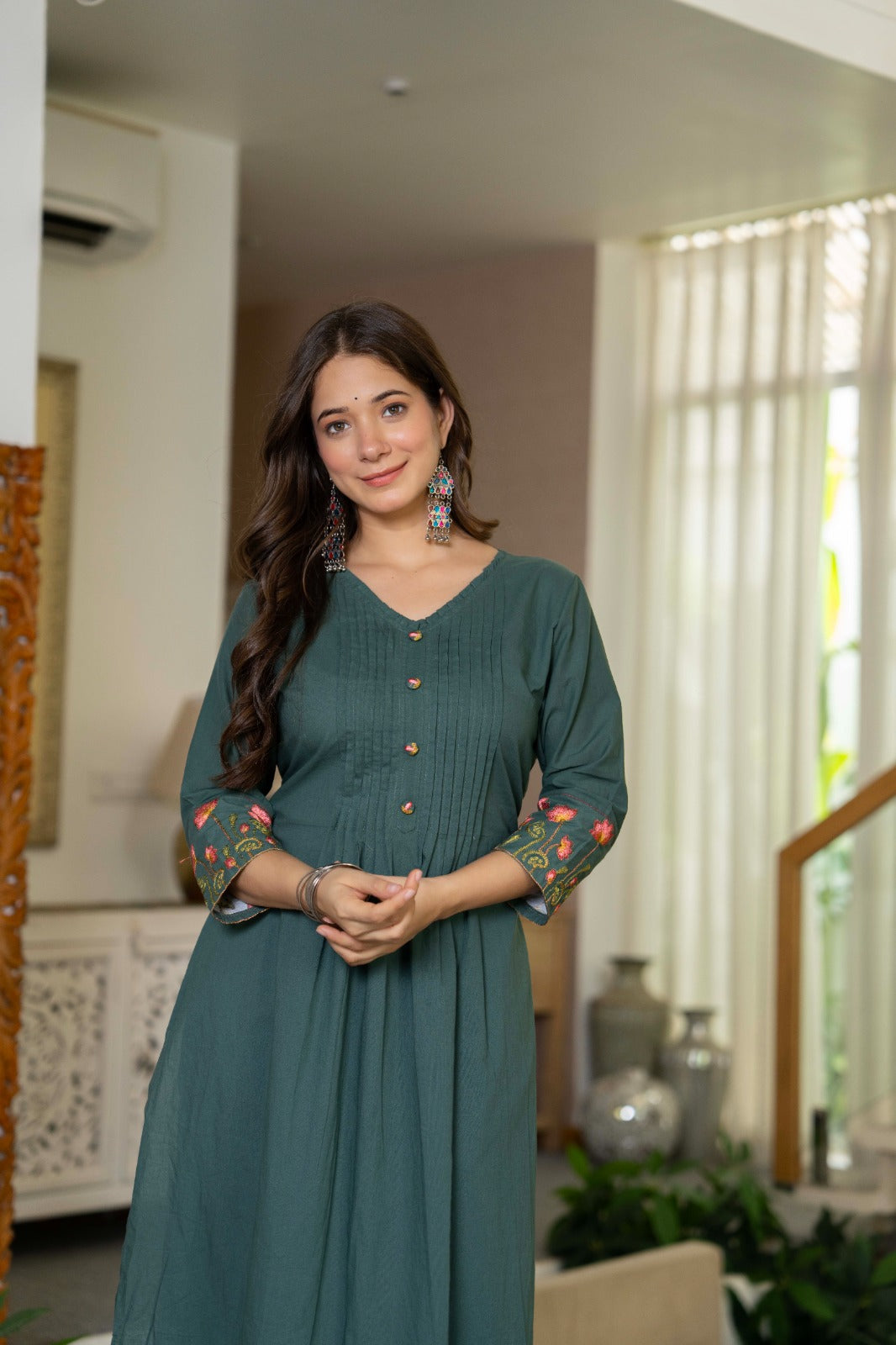 Olive Green Cotton Embroidery Kurta Set