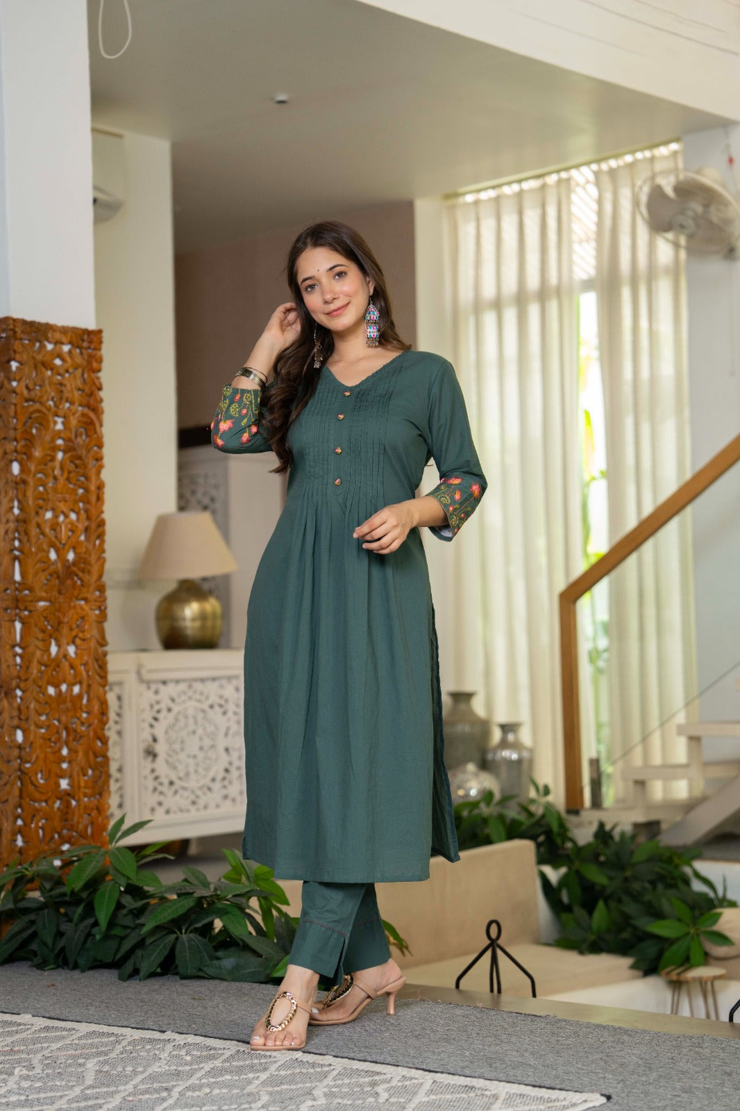 Olive Green Cotton Embroidery Kurta Set