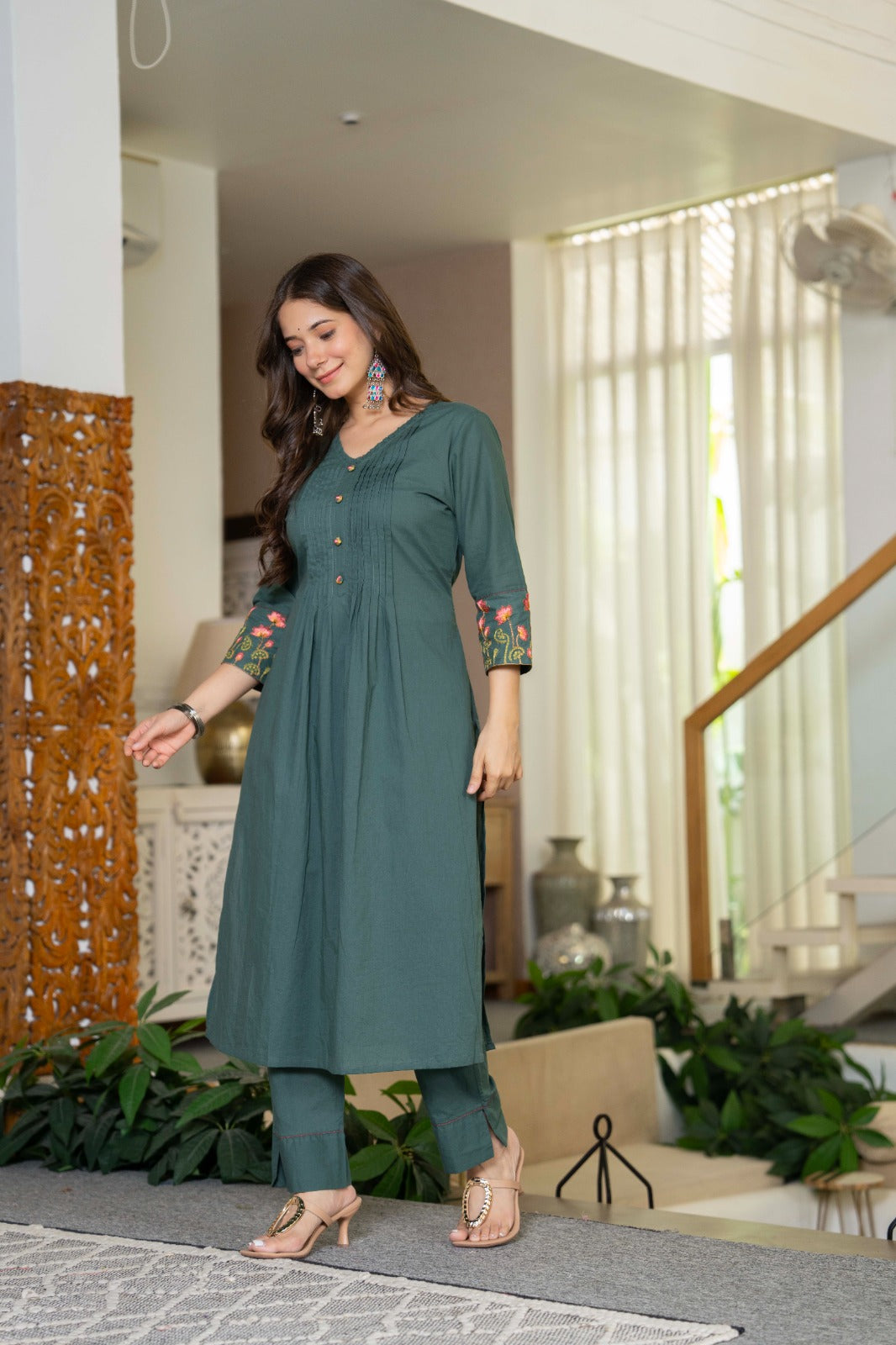 Olive Green Cotton Embroidery Kurta Set