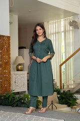 Olive Green Cotton Embroidery Kurta Set