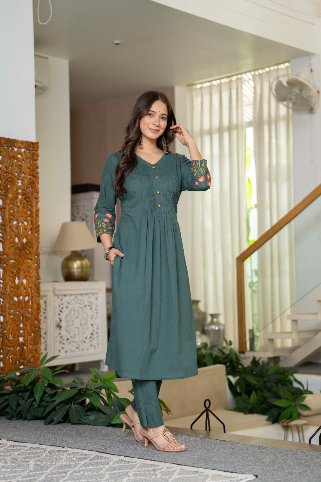 Olive Green Cotton Embroidery Kurta Set