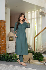 Olive Green Cotton Embroidery Kurta Set