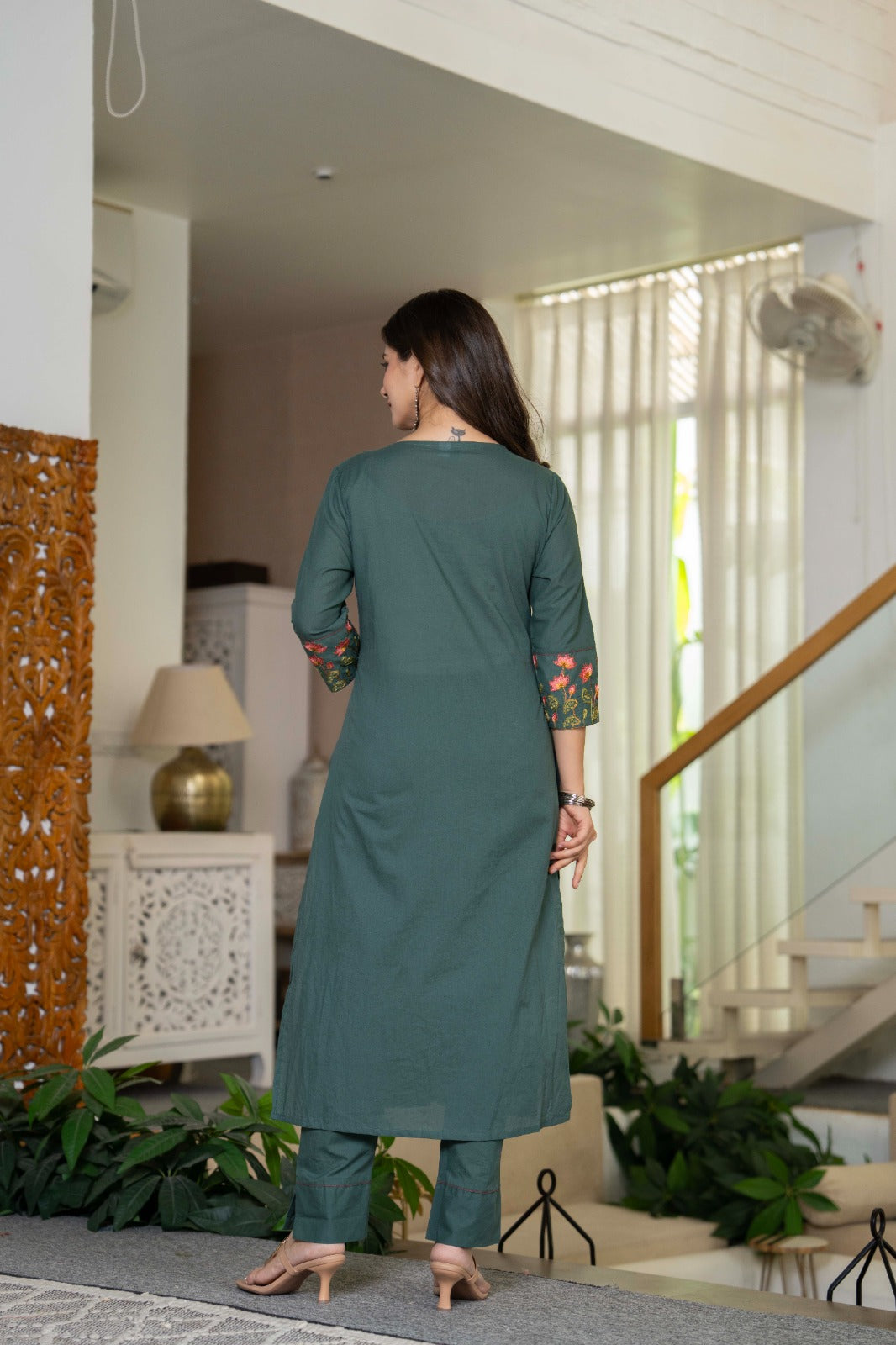 Olive Green Cotton Embroidery Kurta Set