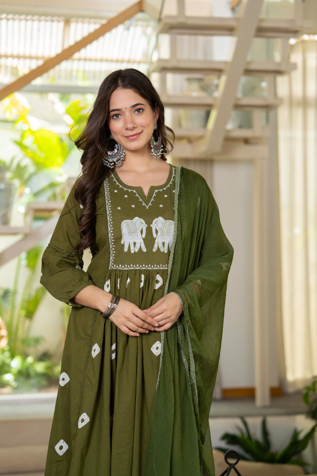 Green Cotton Embroidered Kurti Pant And Dupatta Set