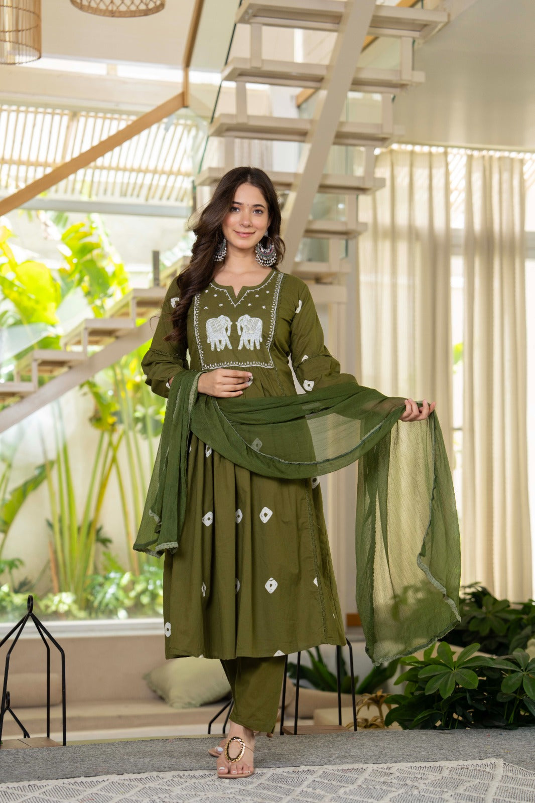 Green Cotton Embroidered Kurti Pant And Dupatta Set