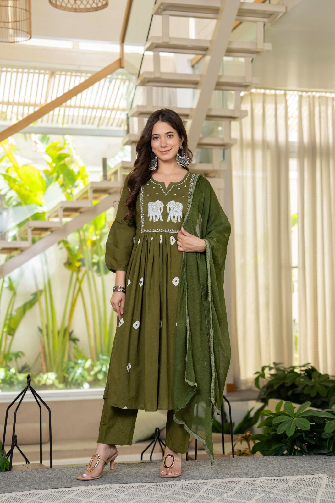 Green Cotton Embroidered Kurti Pant And Dupatta Set