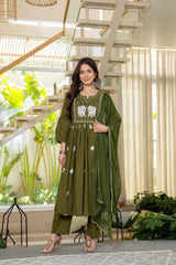 Green Cotton Embroidered Kurti Pant And Dupatta Set