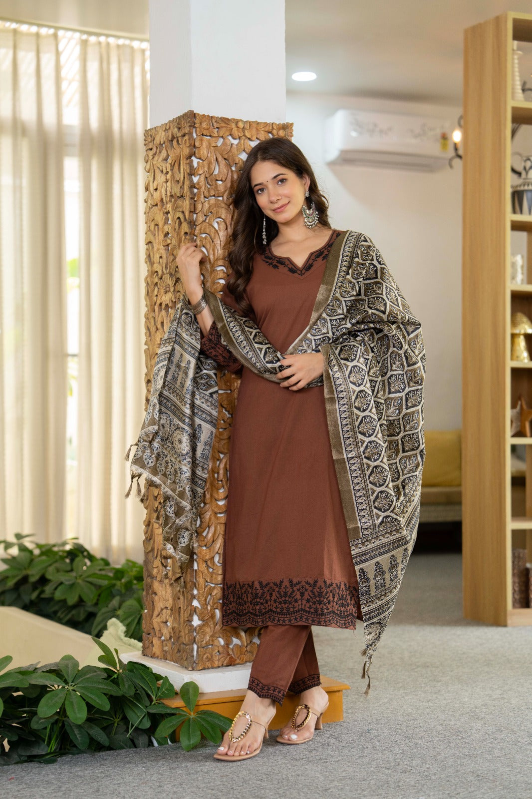 Mocha Embroidered Cotton Suit Set with Dupatta