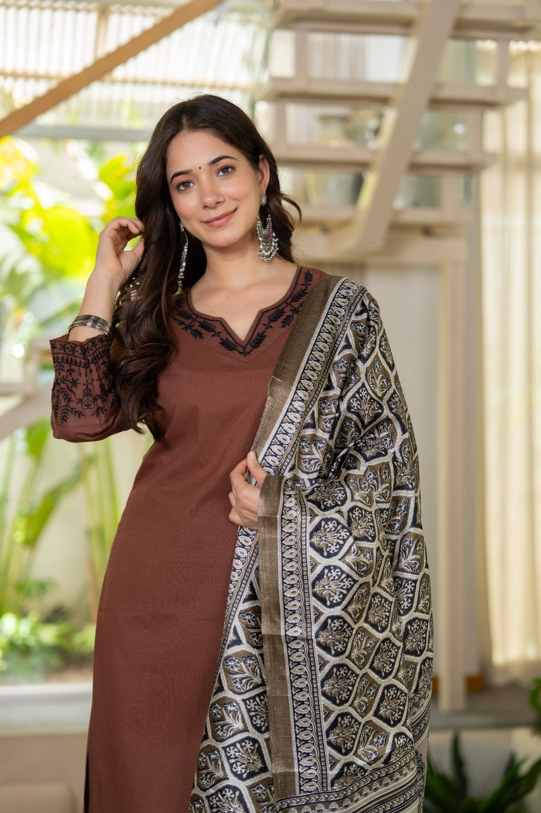 Mocha Embroidered Cotton Suit Set with Dupatta