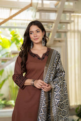 Mocha Embroidered Cotton Suit Set with Dupatta