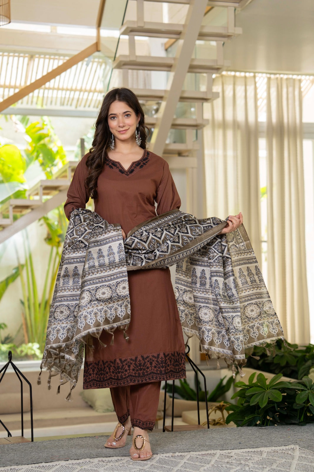 Mocha Embroidered Cotton Suit Set with Dupatta