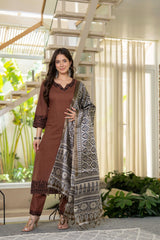 Mocha Embroidered Cotton Suit Set with Dupatta