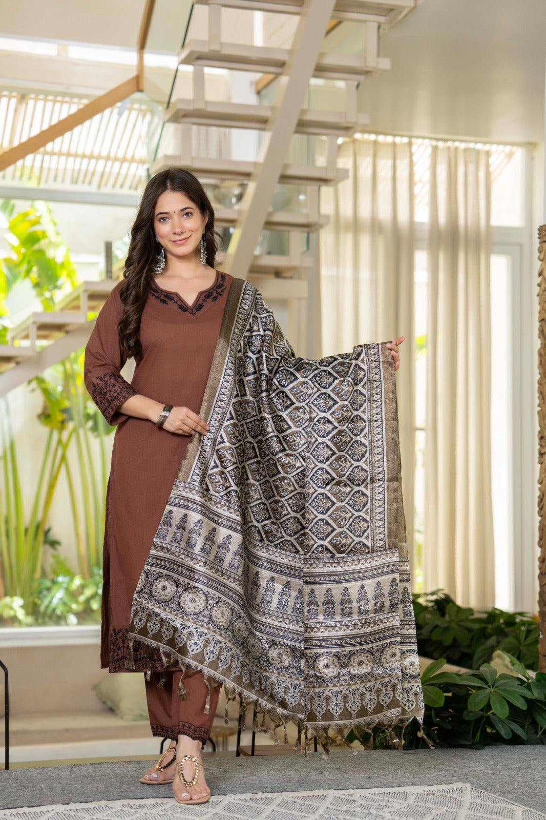 Mocha Embroidered Cotton Suit Set with Dupatta