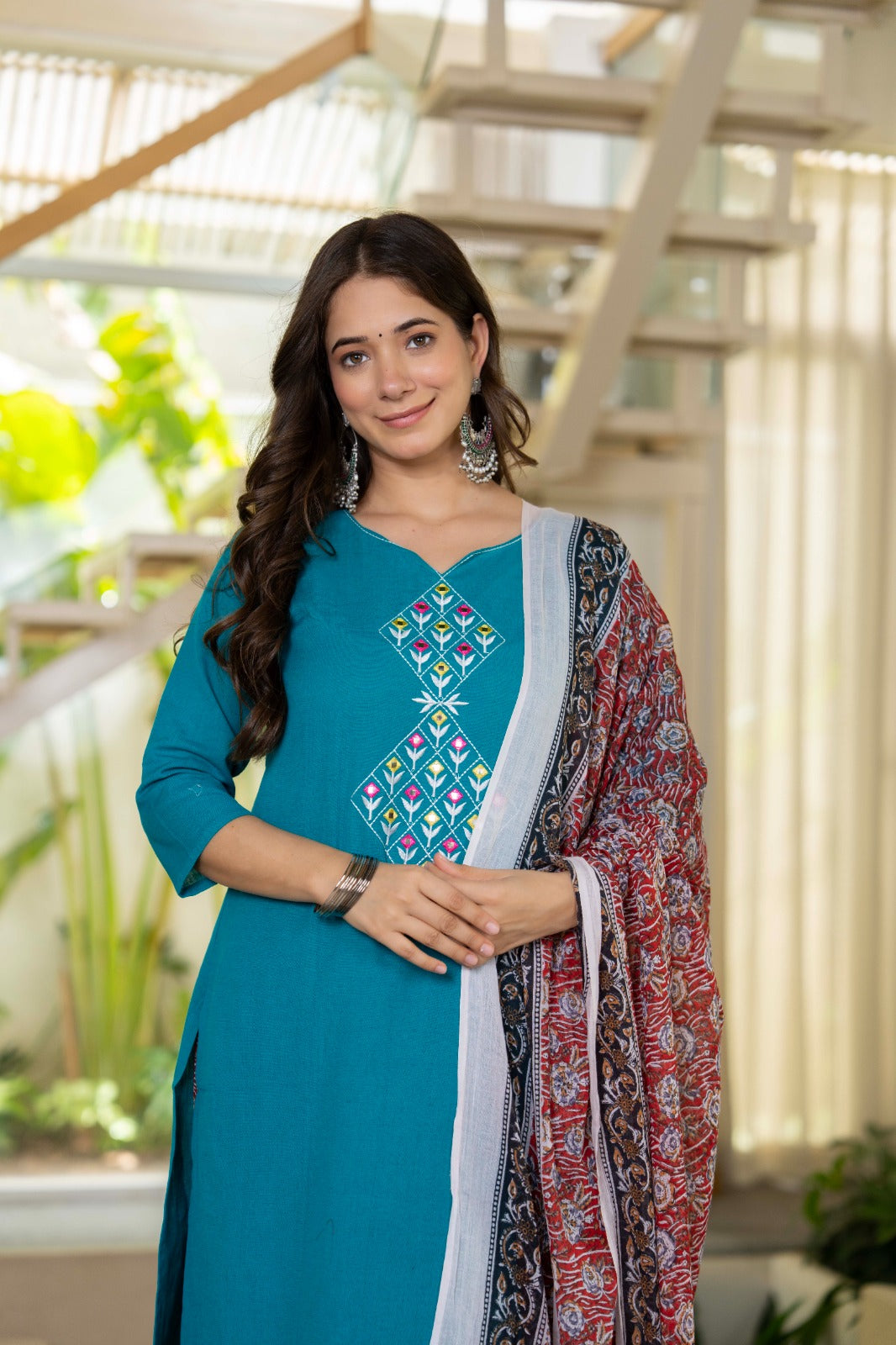 Green Embroidered Handloom Cotton Suit Set with Dupatta