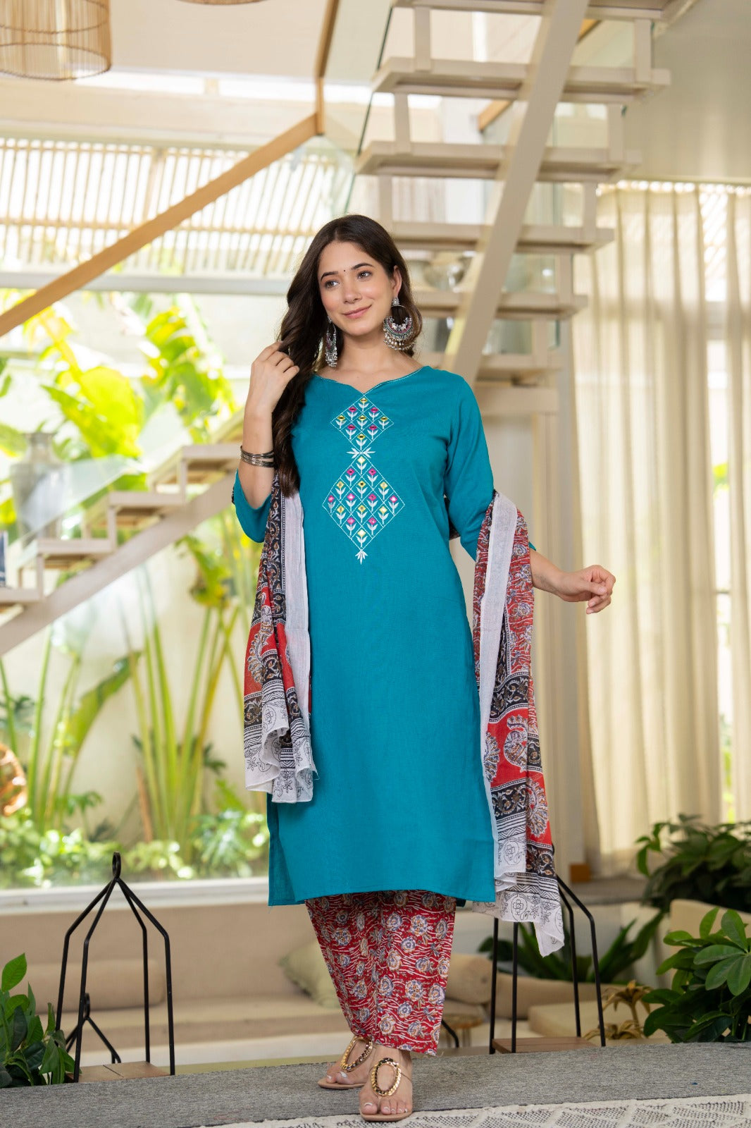 Green Embroidered Handloom Cotton Suit Set with Dupatta