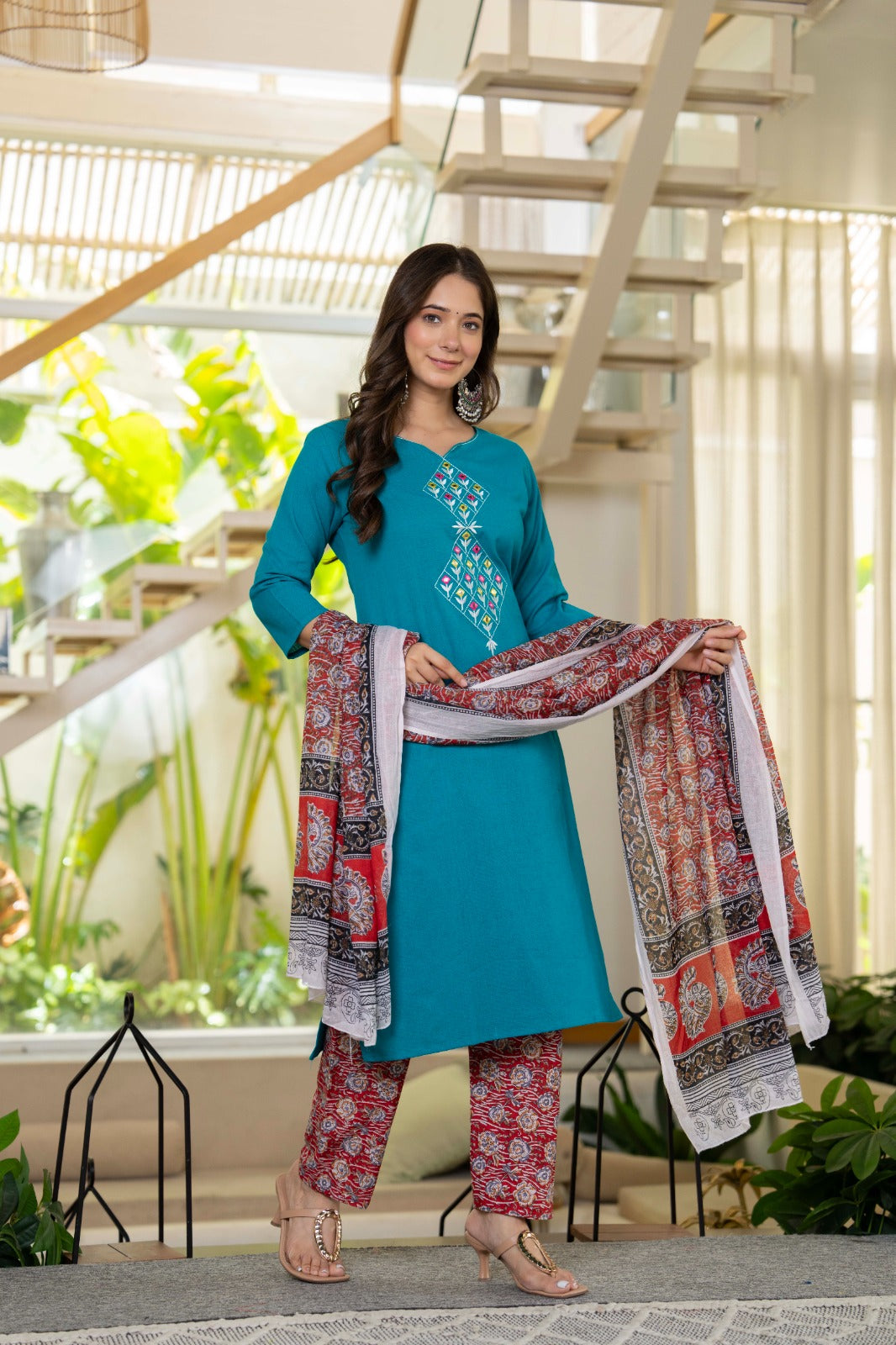 Green Embroidered Handloom Cotton Suit Set with Dupatta