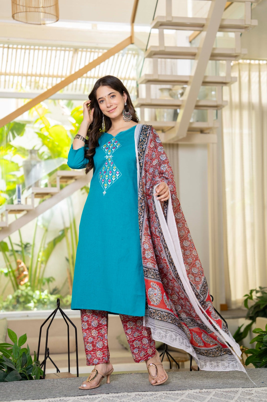 Green Embroidered Handloom Cotton Suit Set with Dupatta