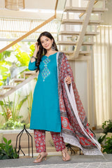 Green Embroidered Handloom Cotton Suit Set with Dupatta
