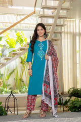 Green Embroidered Handloom Cotton Suit Set with Dupatta