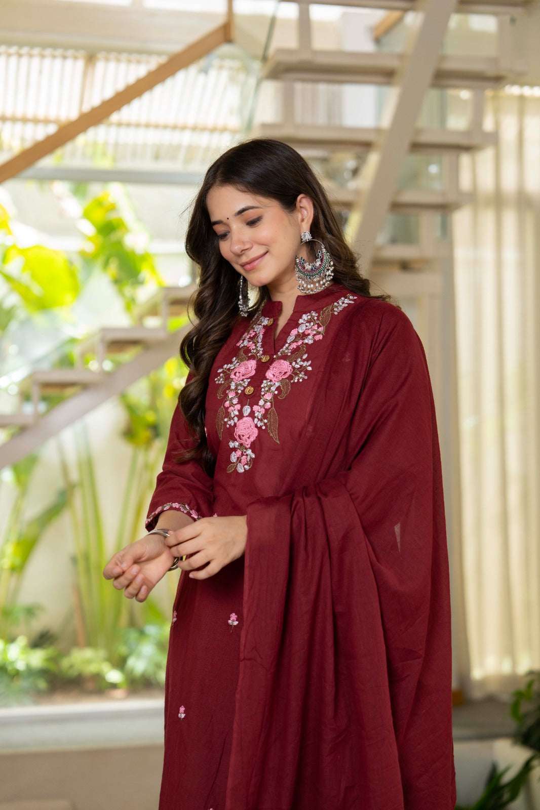 Wine Embroidered Cotton Suit Set with Dupatta