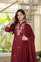 Wine Embroidered Cotton Suit Set with Dupatta