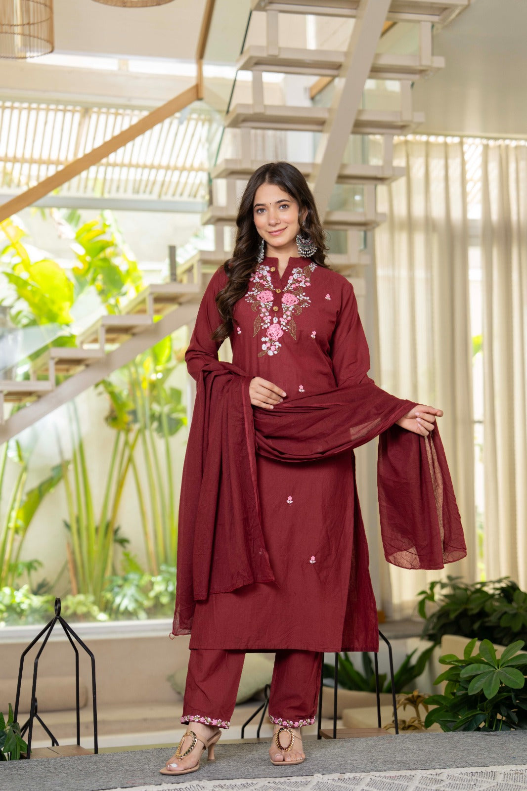 Wine Embroidered Cotton Suit Set with Dupatta