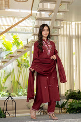Wine Embroidered Cotton Suit Set with Dupatta