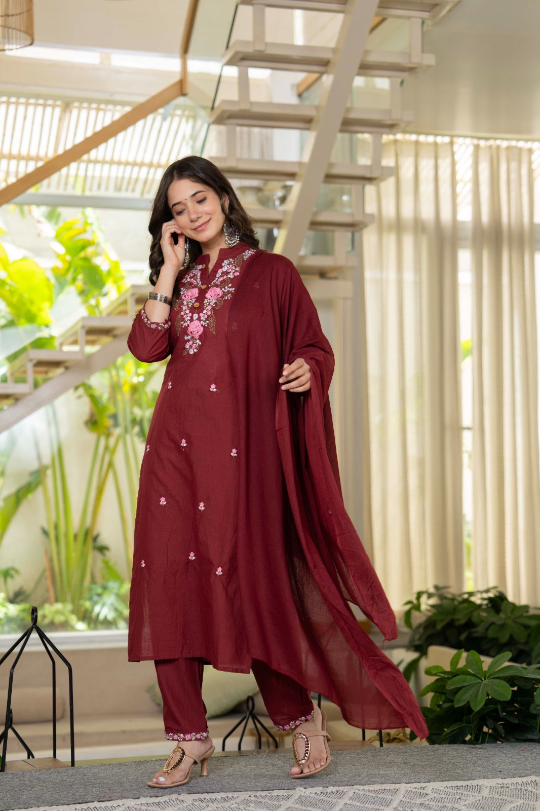 Wine Embroidered Cotton Suit Set with Dupatta