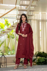 Wine Embroidered Cotton Suit Set with Dupatta