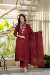 Wine Embroidered Cotton Suit Set with Dupatta