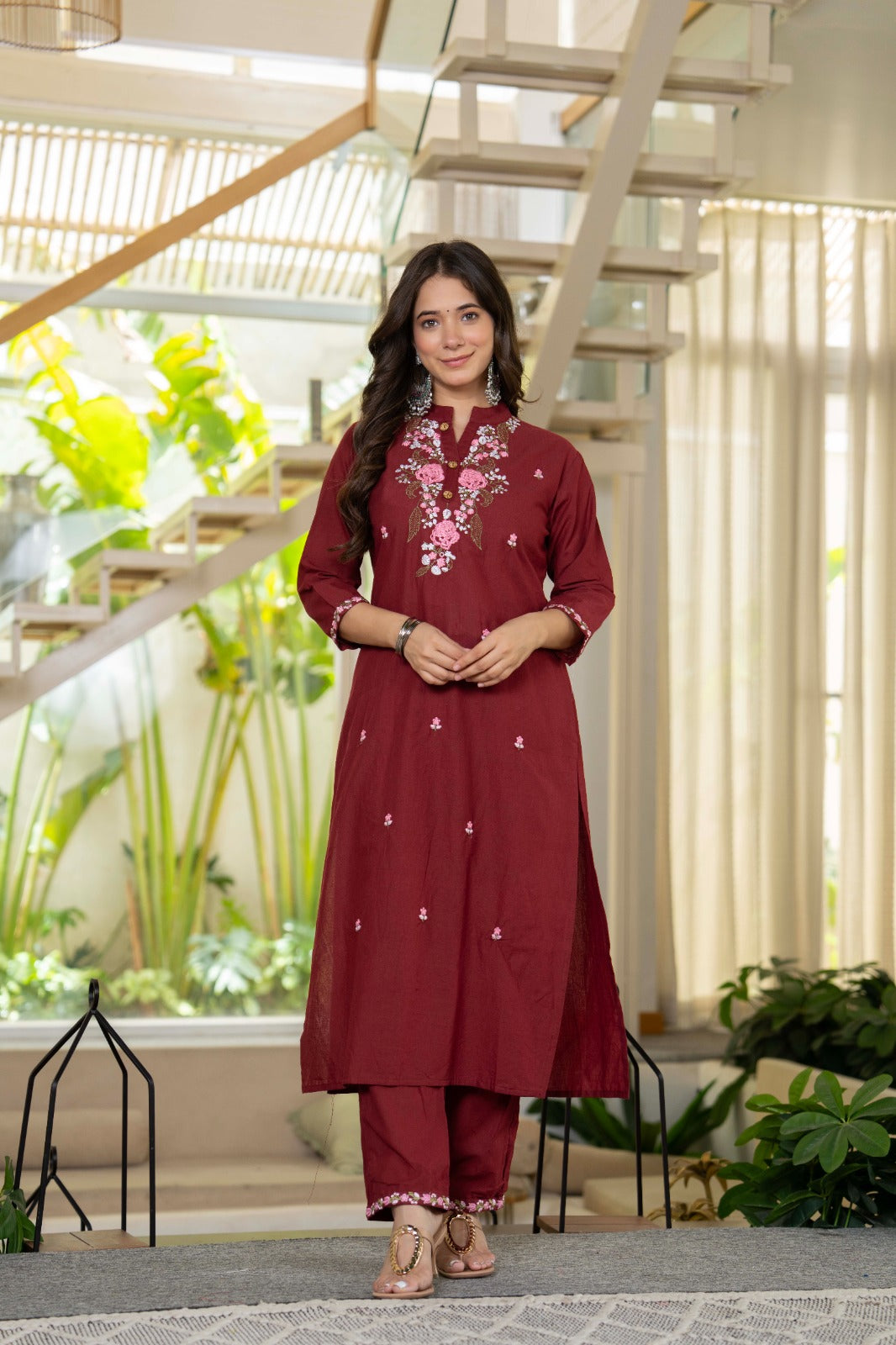 Wine Embroidered Cotton Suit Set with Dupatta