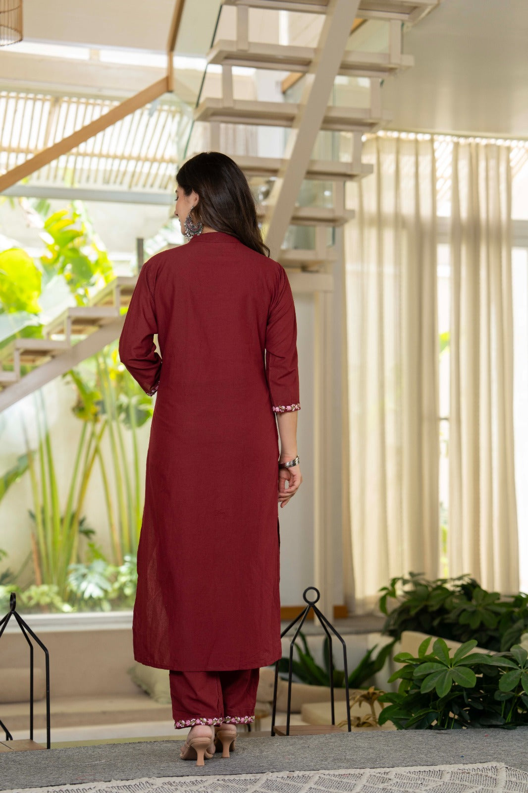 Wine Embroidered Cotton Suit Set with Dupatta