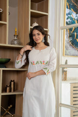 Off White Embroidered Cotton Kurta and Pant Set