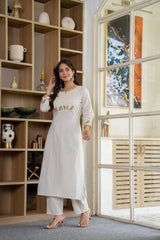 Off White Embroidered Cotton Kurta and Pant Set