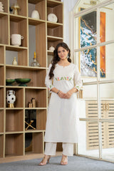 Off White Embroidered Cotton Kurta and Pant Set