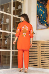 Orange Rust Embroidered Cotton Kurta and Pant Set