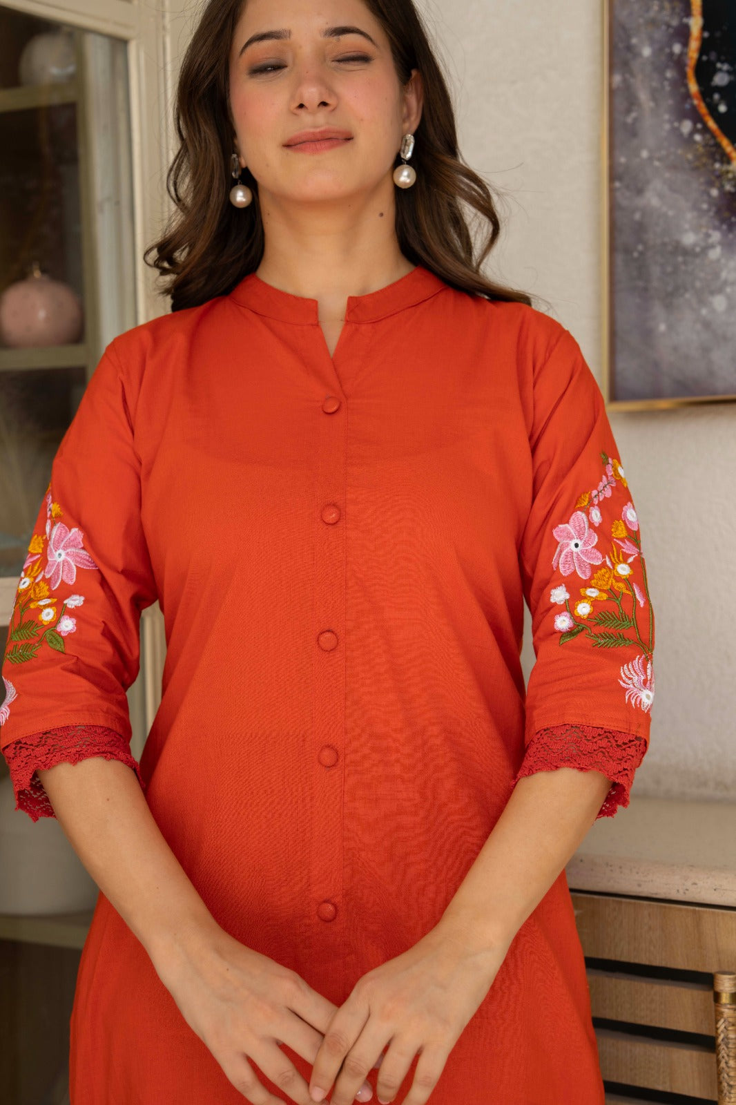 Orange Rust Embroidered Cotton Kurta and Pant Set