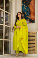 Lime Green Cotton Embroidered Kurti Pant And Dupatta Set