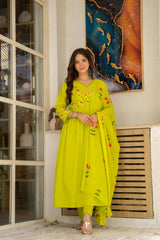 Lime Green Cotton Embroidered Kurti Pant And Dupatta Set