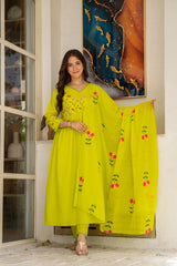 Lime Green Cotton Embroidered Kurti Pant And Dupatta Set